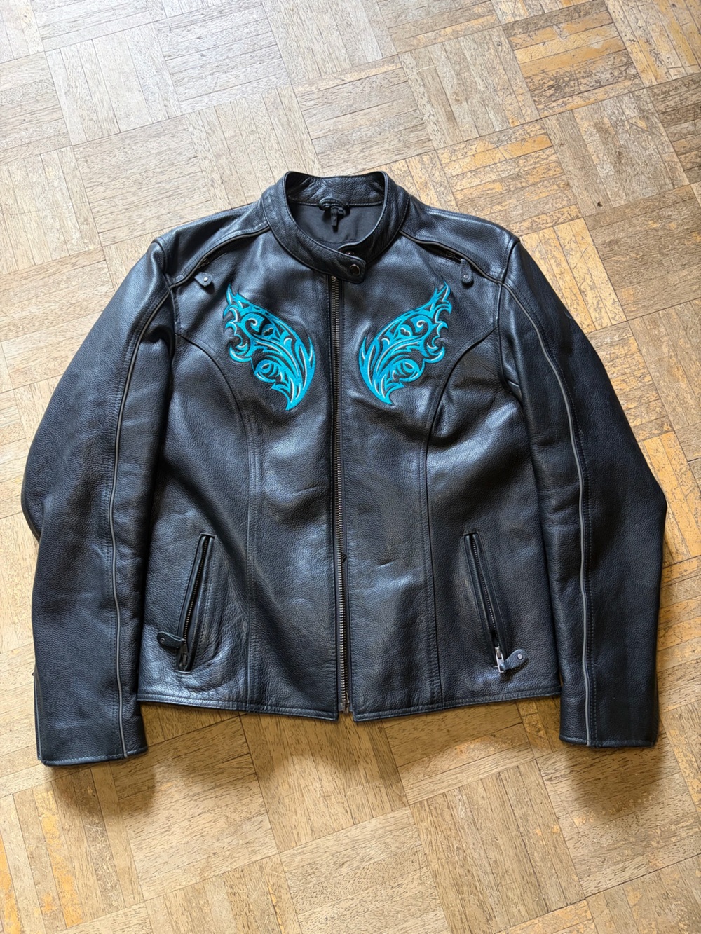 Milwaukee Leather Motorcycle Jacket with Light Blue Design and Zip-in Hoodie